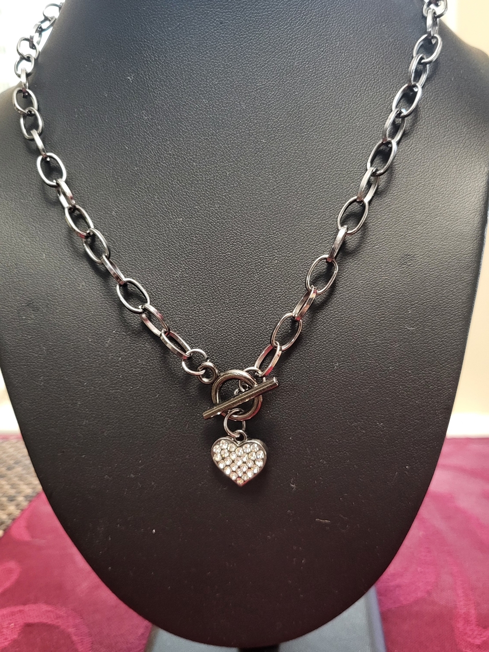 Gunmetal Heart Charm Toggle Necklace - Women Jewelry